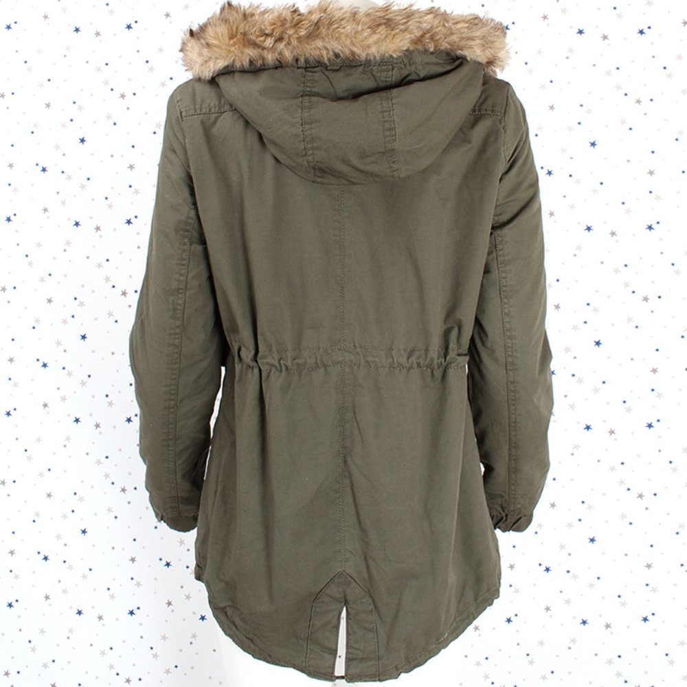 Olive Faux Fur Hooded Sherpa Lined Utility Jacket - Picture 10 of 16